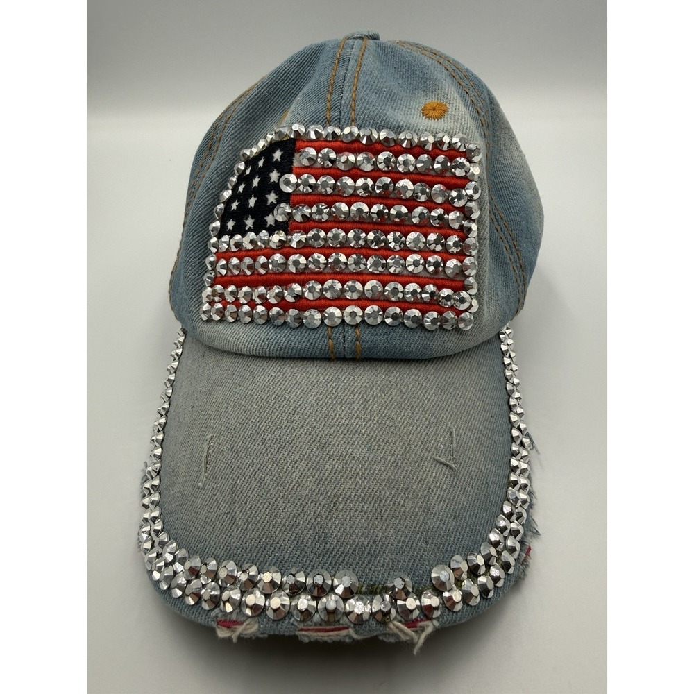 Rhinestone American Flag Denim Baseball Cap Distressed Bling Hat USA